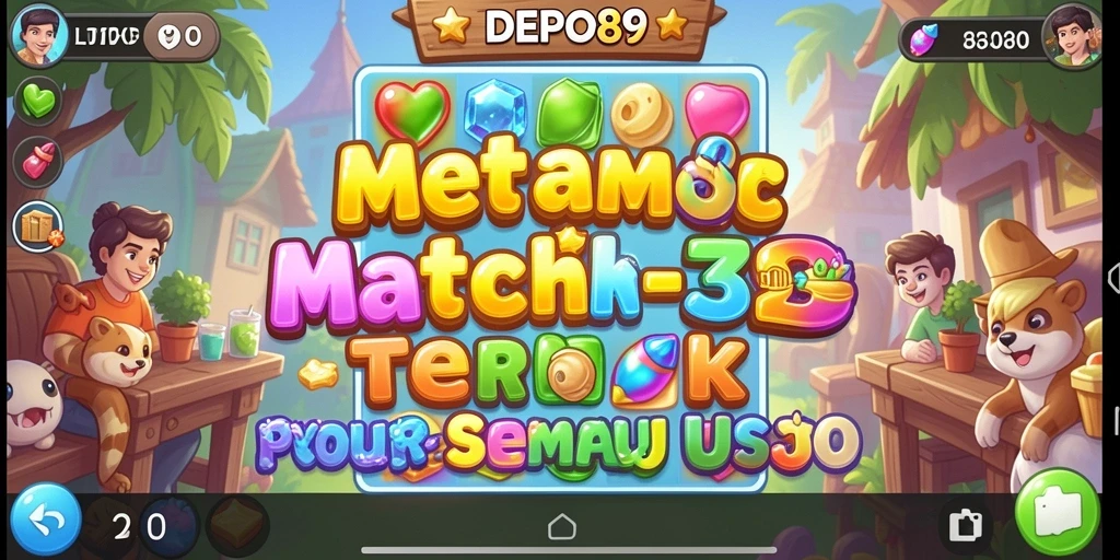 Screenshot gameplay DEPO89 dengan objek berwarna-warni di papan permainan Match-3.