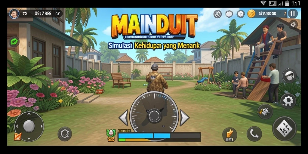 Tampilan gameplay MAINDUIT dengan karakter dan lingkungan yang interaktif.